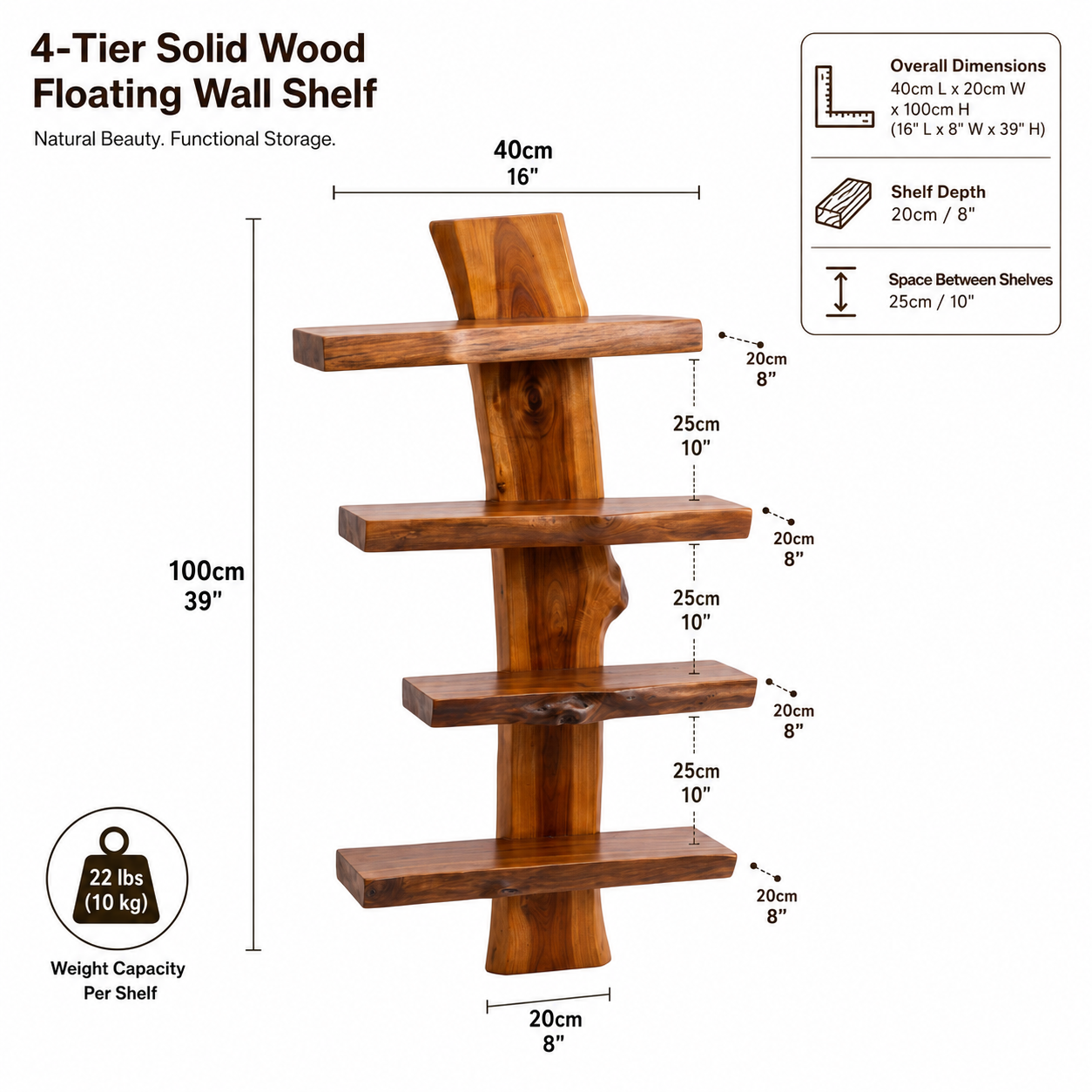 4-Tier Solid Wood Floating Wall Shelf – Multi-Layer Natural Timber Hanging Rack – Unique Decorative Storage Organizer Bookshelf for Living Room, Bedroom & Office Decor