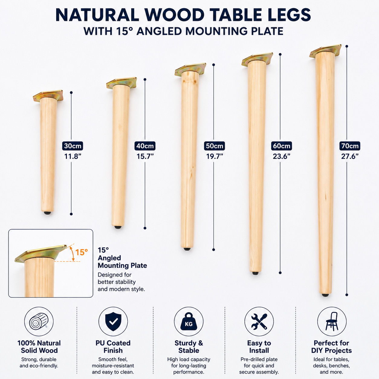 Set of 3 Solid Wood Furniture 11.8" (30cm) Legs with 15° Angled Mounting Plates – PU Coated Replacement Legs for Sofa, Coffee Table, Chair & Cabinet – Mid-Century Modern DIY Legs