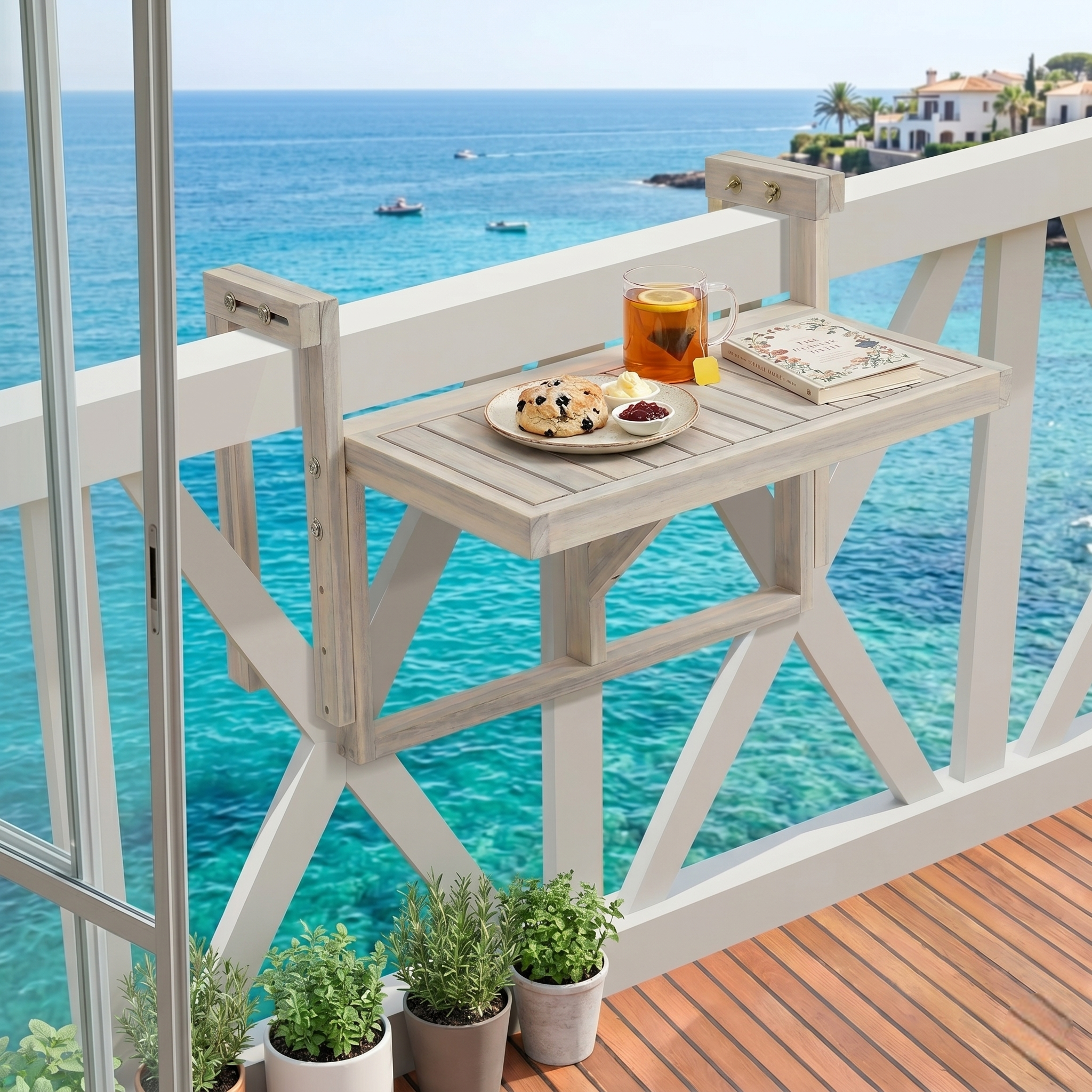 Acacia Wood Folding Balcony Hanging Table – Weather-Resistant Outdoor Railing Table – Adjustable Height & Width – Portable Deck Table for Small Balcony, Patio, and Porch – Rectangular