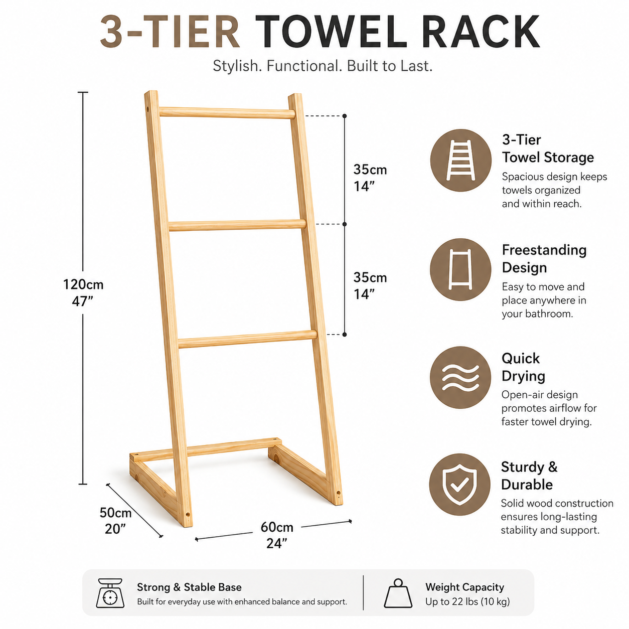 3-Tier Freestanding Towel Rack for Bathroom – Waterproof Solid Pine Wood Blanket Ladder Shelf – Anti-Mold Storage Organizer Stand for Bath Towels, Toiletries & Spa Decor