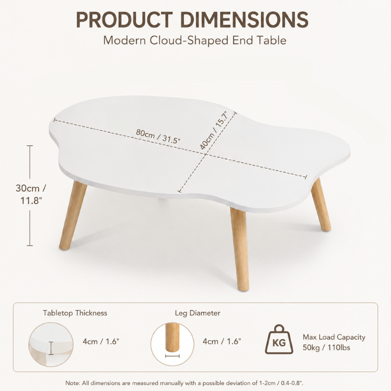 Modern Cloud-Shaped End Table – Minimalist Low Coffee Table with Chubby Legs – Decorative Wood Table for Small Spaces, Bedroom Couch Side & Nursery Playroom