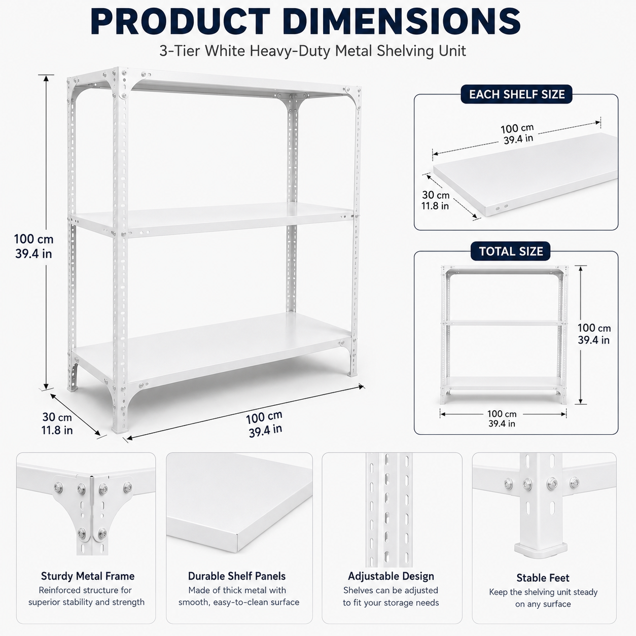 3-Tier White Heavy-Duty Metal Shelving Unit – Adjustable Steel Utility Storage Rack – Boltless Garage Organizer & Warehouse Display Shelves for Pantry, Office & Home