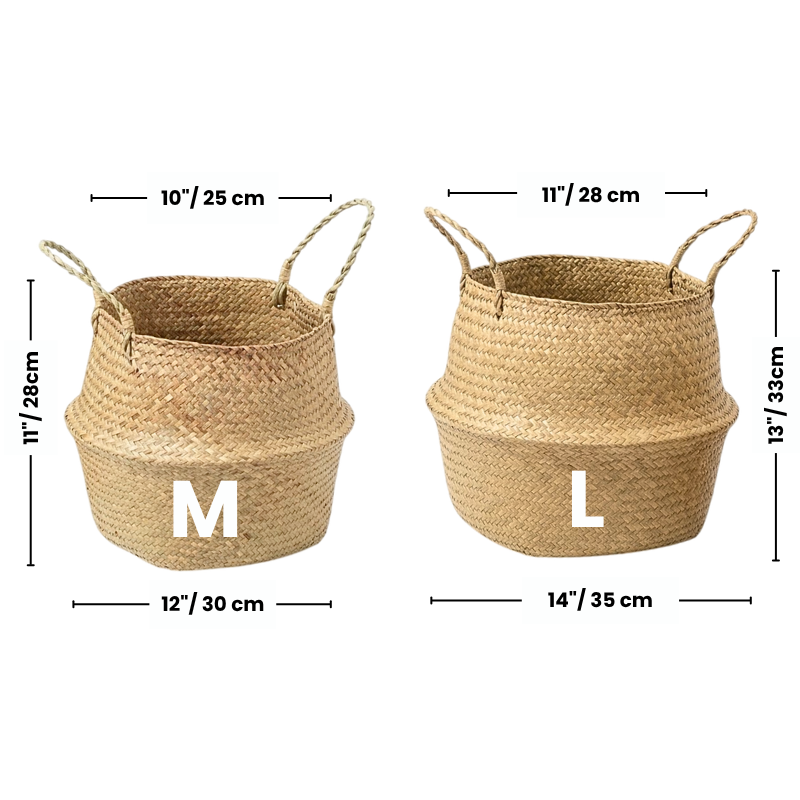 Natural Seagrass Belly Baskets 4pcs – Handmade Woven Plant Pot Holder – Foldable Storage Basket with Handles for Laundry, Picnic, Groceries and Boho Home Decor