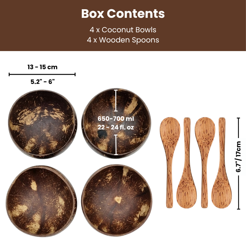 Natural Coconut Bowls and Wooden Spoons Set – Eco-Friendly Acai Bowls, Yogurt & Smoothie Bowl Kit – Handmade Coconut Shell Bowls for Vegan Gifts, Christmas & White Elephant Gifts – Ideal for Ninja Creami