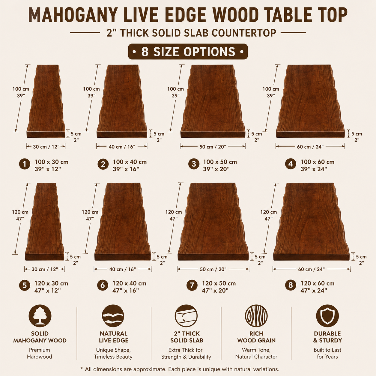 Mahogany Live Edge Wood Table Top – 2" Thick Solid Slab Countertop
