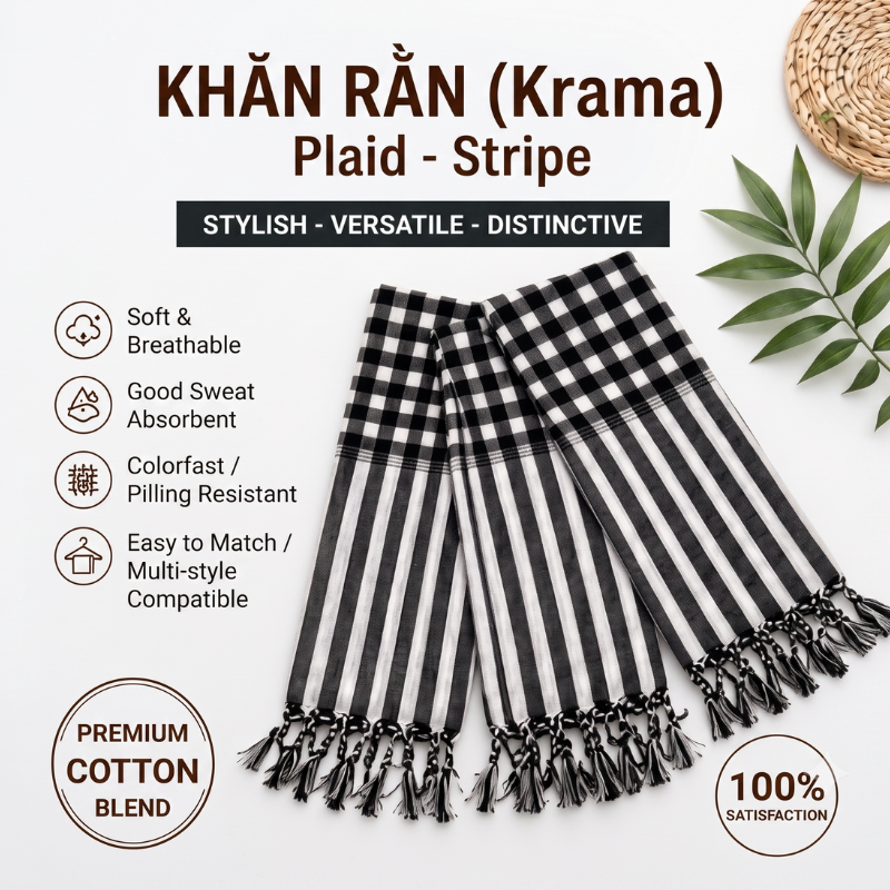 Traditional Vietnamese Patterned Scarf 63" x 24" (160x60cm) – Premium Soft Cotton Blend Bandana & Headwrap – Breathable Cultural Sun Protection Scarf for Outdoor Hiking, Camping & Fashion