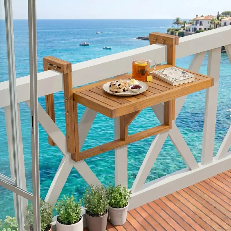 Acacia Wood Folding Balcony Hanging Table – Weather-Resistant Outdoor Railing Table – Adjustable Height & Width – Portable Deck Table for Small Balcony, Patio, and Porch – Rectangular Kikbo