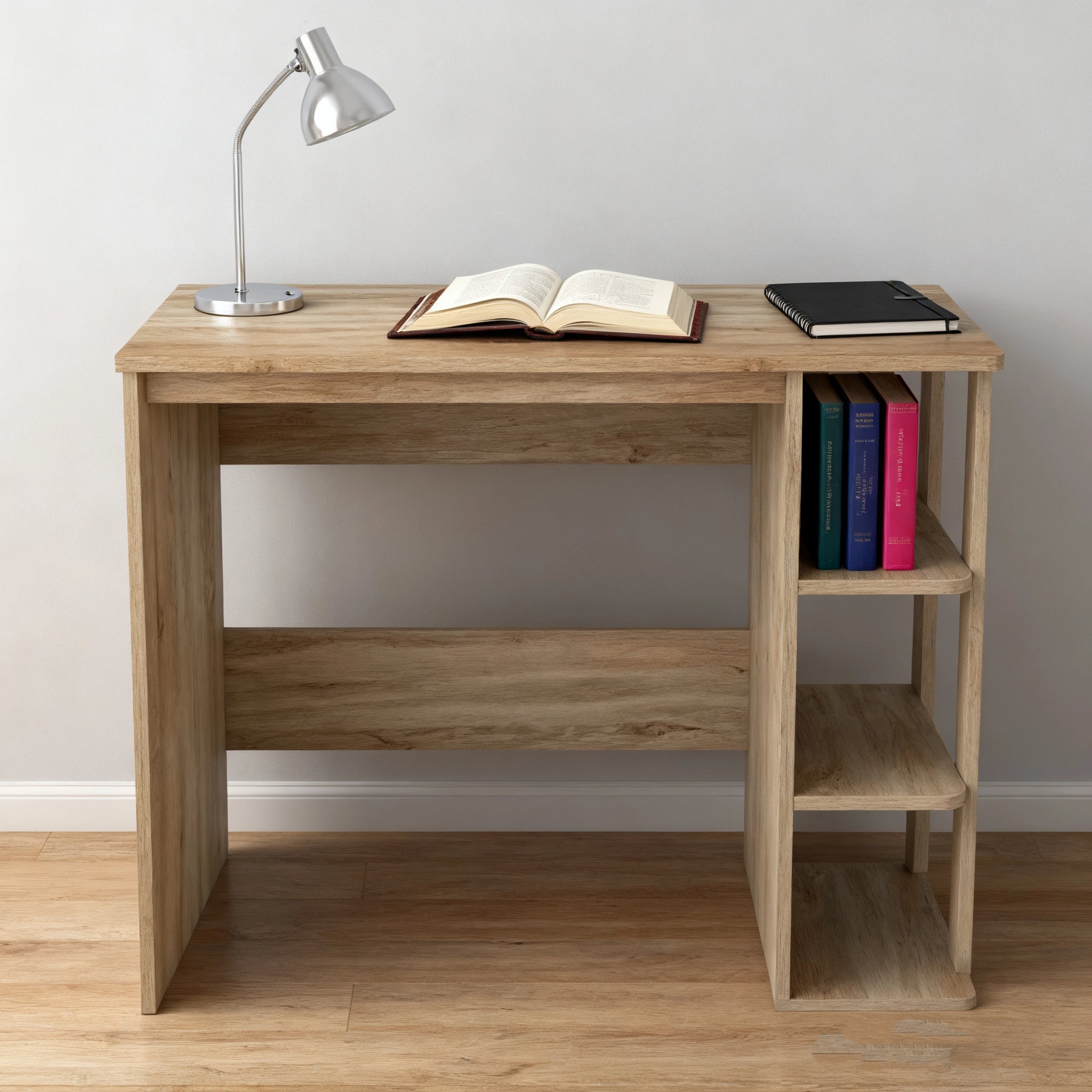 Study Desk with Bookshelf – Compact MDF Office Table with 3 Storage Shelves, Space-Saving Modern Design