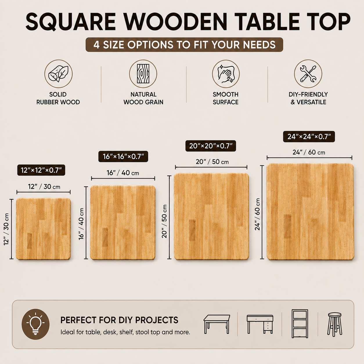 Square Wooden Table Top Rubber Wood for Dining Restaurant Home DIY Coffee Serving Indoor Outdoor Use Ruberwood End Table Nightstand