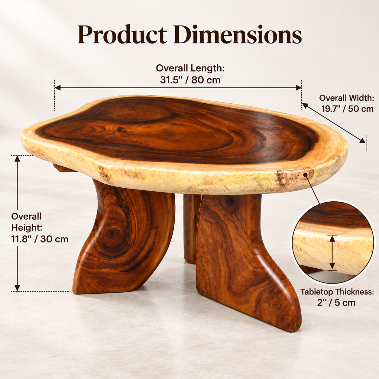 31.5" Live Edge Monkey Pod Low Coffee Table – Solid Wood Accent Table
