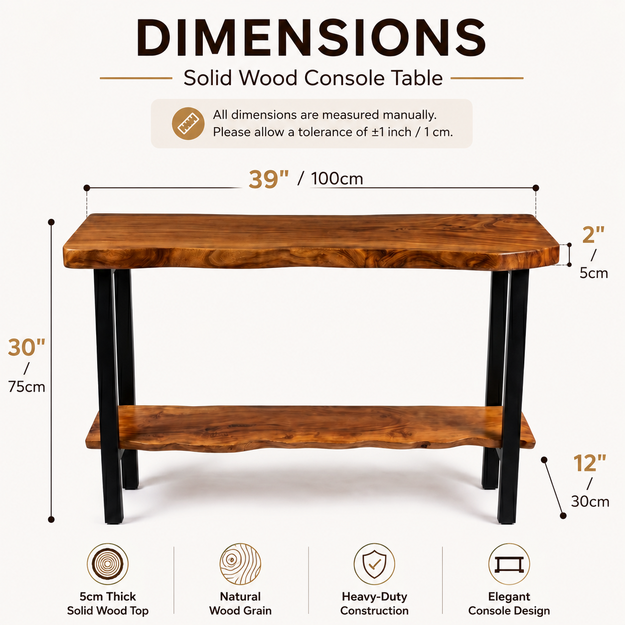 2-Tier Live Edge Solid Wood Console Table 40 Inch – 2-Inch Ultra Thick Slab Entryway Table with Storage Shelf – Modern Foyer Table with Industrial Metal Legs – Luxury Hallway & Sofa Side Table