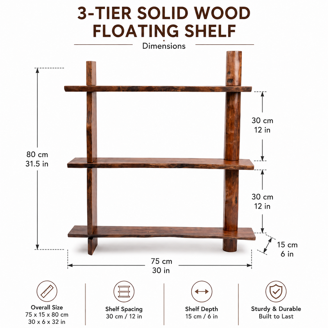 3-Tier Solid Wood Floating Shelf – 1.2 Inch Extra Thick Natural Timber Hanging Rack – Unique Rustic Wall Mounted Storage Organizer for Living Room, Bedroom & Cafe Decor