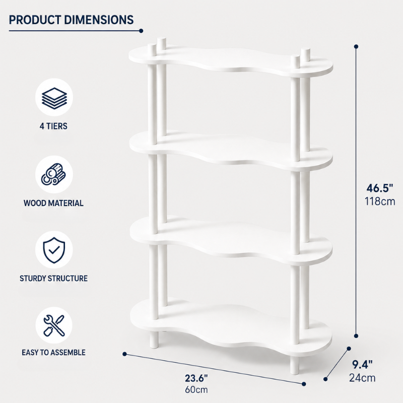 White Wavy Wood Display Shelf – 4-Tier Decorative Storage Rack with Curved Wave Design – Boho Accent Bookshelf & Plant Stand for Bedroom, Living Room & Nursery