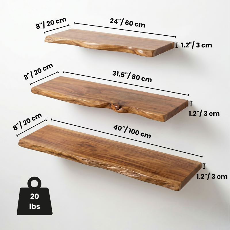 Premium Live Edge Solid Wood Floating Shelf – 1.2 in/ 3cm Thick Natural Edge Wall Mounted Shelf – Rustic Home Decor – Heavy Duty Storage for Kitchen, Bathroom & Living Room