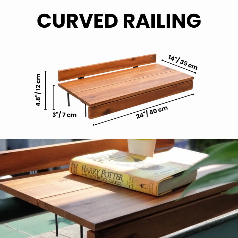 Acacia Wood Balcony Bar Table – Ultra-Stable Outdoor Railing Table – Universal Fit for Round & Flat Railings – Weather-Resistant Hanging Desk – Outdoor Bar Top for Apartment, Patio & Deck