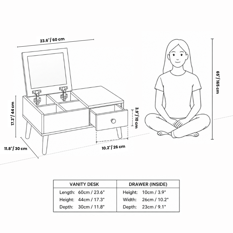 2-in-1 Floor Makeup Vanity & Nightstand – Modern Low-Profile Dressing Table with Solid Wood Legs – Compact Bedroom Storage Organizer & Bedside Tab for Small Spaces