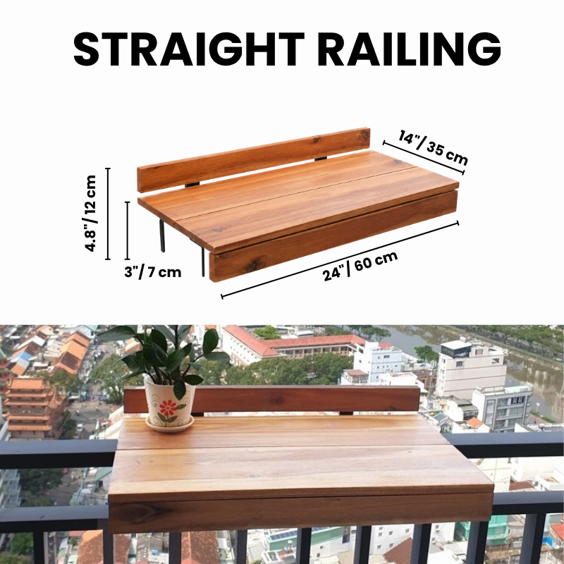 Acacia Wood Balcony Bar Table – Ultra-Stable Outdoor Railing Table – Universal Fit for Round & Flat Railings – Weather-Resistant Hanging Desk – Outdoor Bar Top for Apartment, Patio & Deck