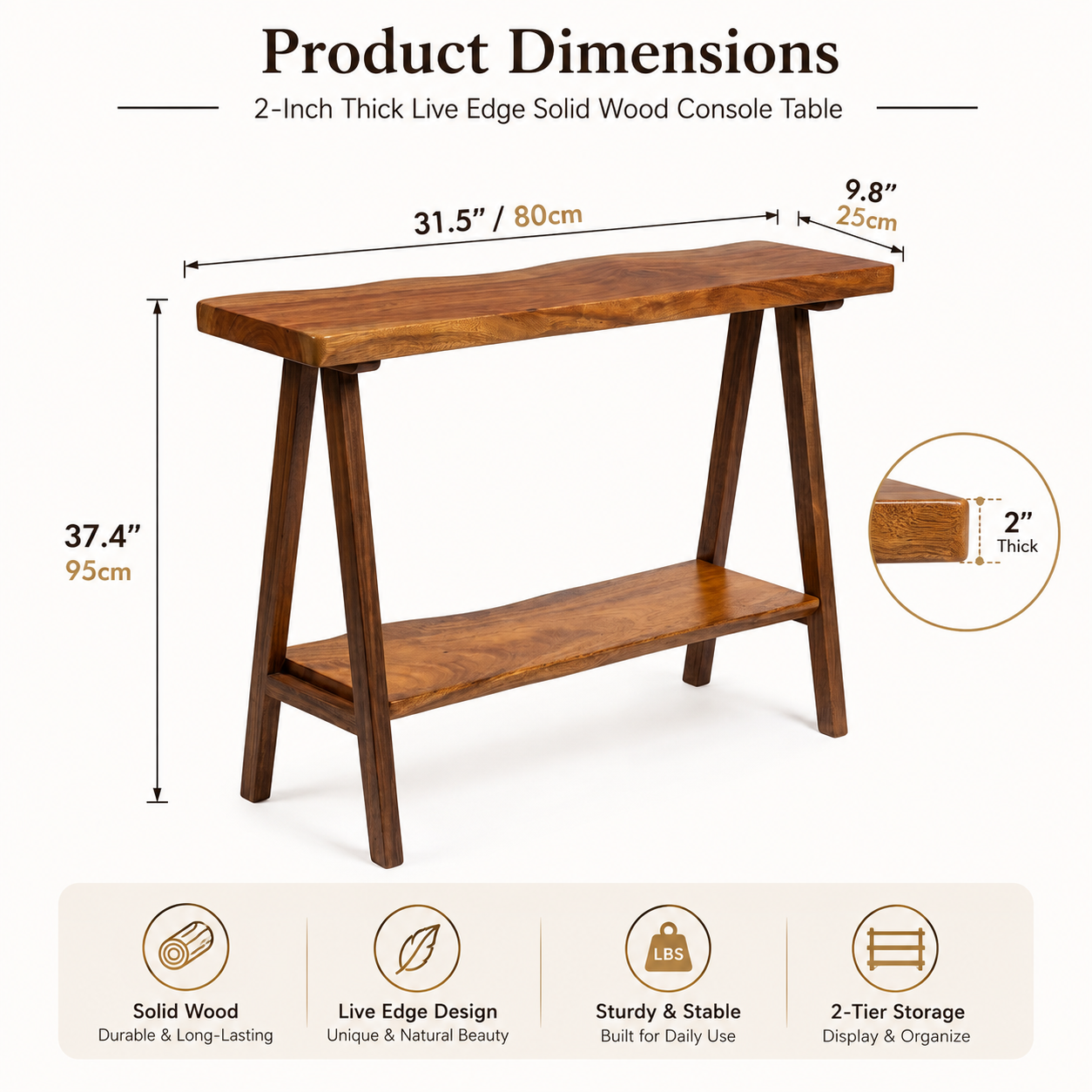2-Inch Thick Live Edge Solid Wood Console Table – 2-Tier Entryway Table with Storage Shelf – Industrial V-Shaped Metal Legs Sofa Table for Living Room & Hallway Decor