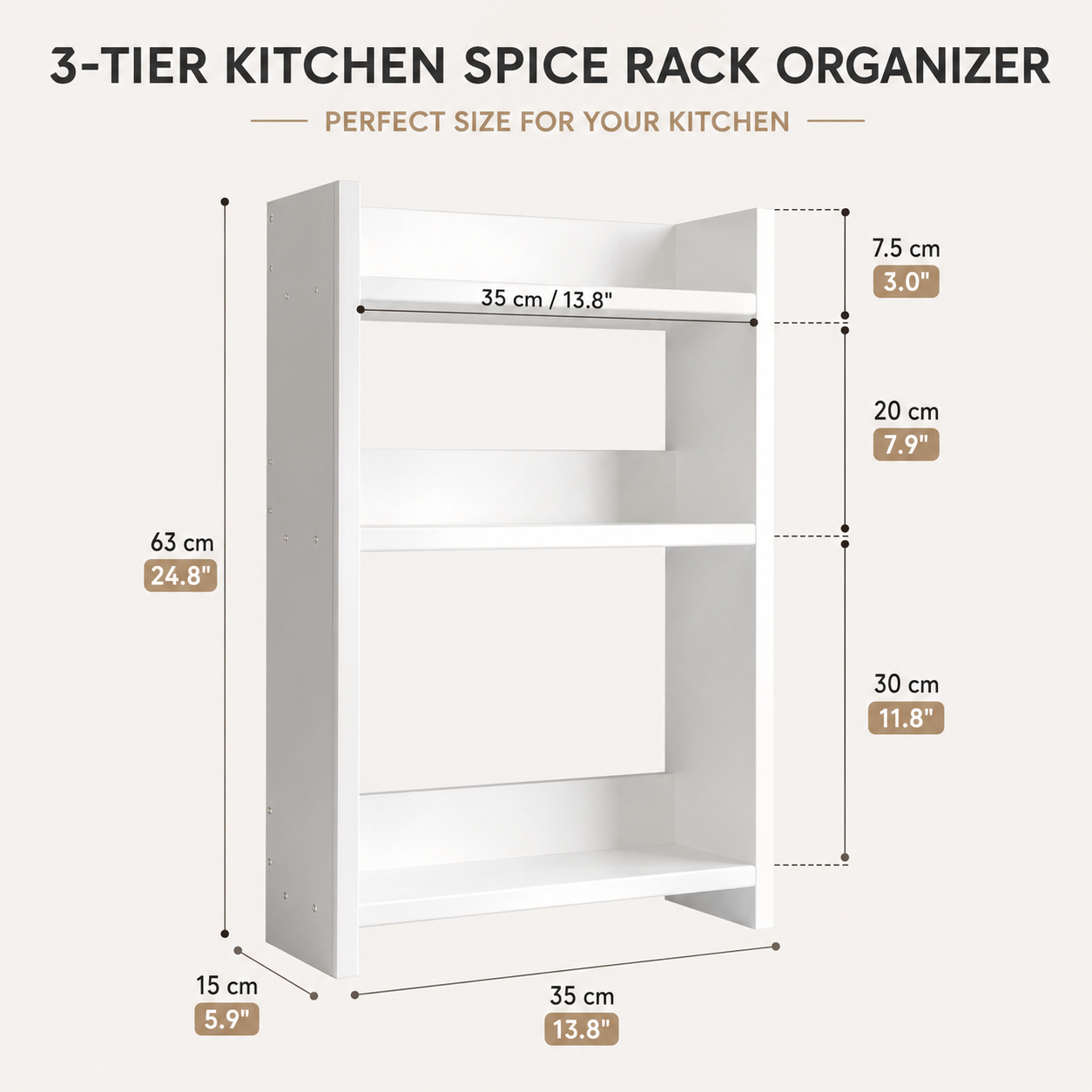 3-Tier Kitchen Spice Rack Organizer – Modern MDF Countertop Storage Shelf – Space-Saving Spice Holder & Pantry Cabinet Organizer for Seasoning Bottles, Jars & Oils, White