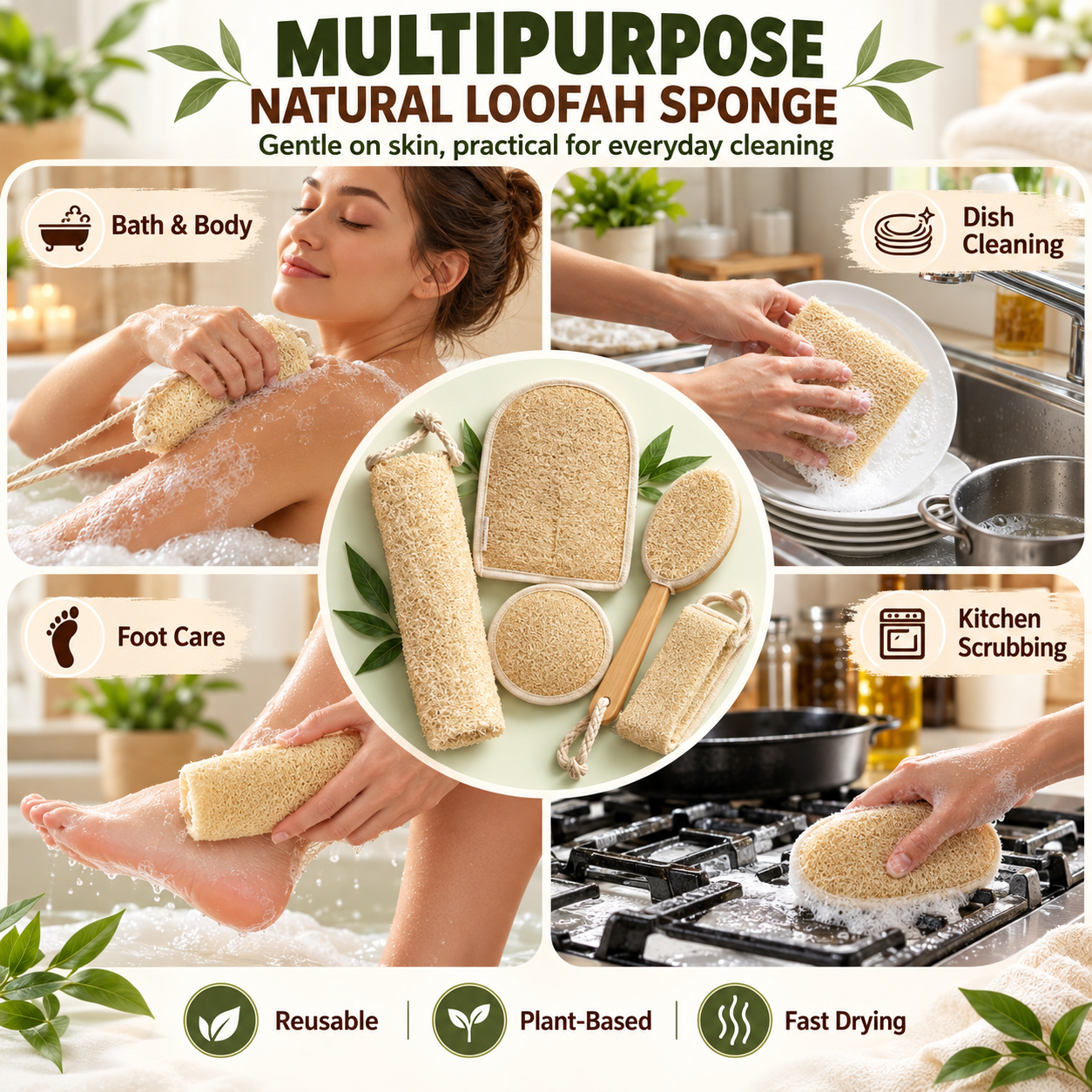 Set of 5 Natural Loofah Back Scrubber & Bath Sponge – Exfoliating Body Scrubber