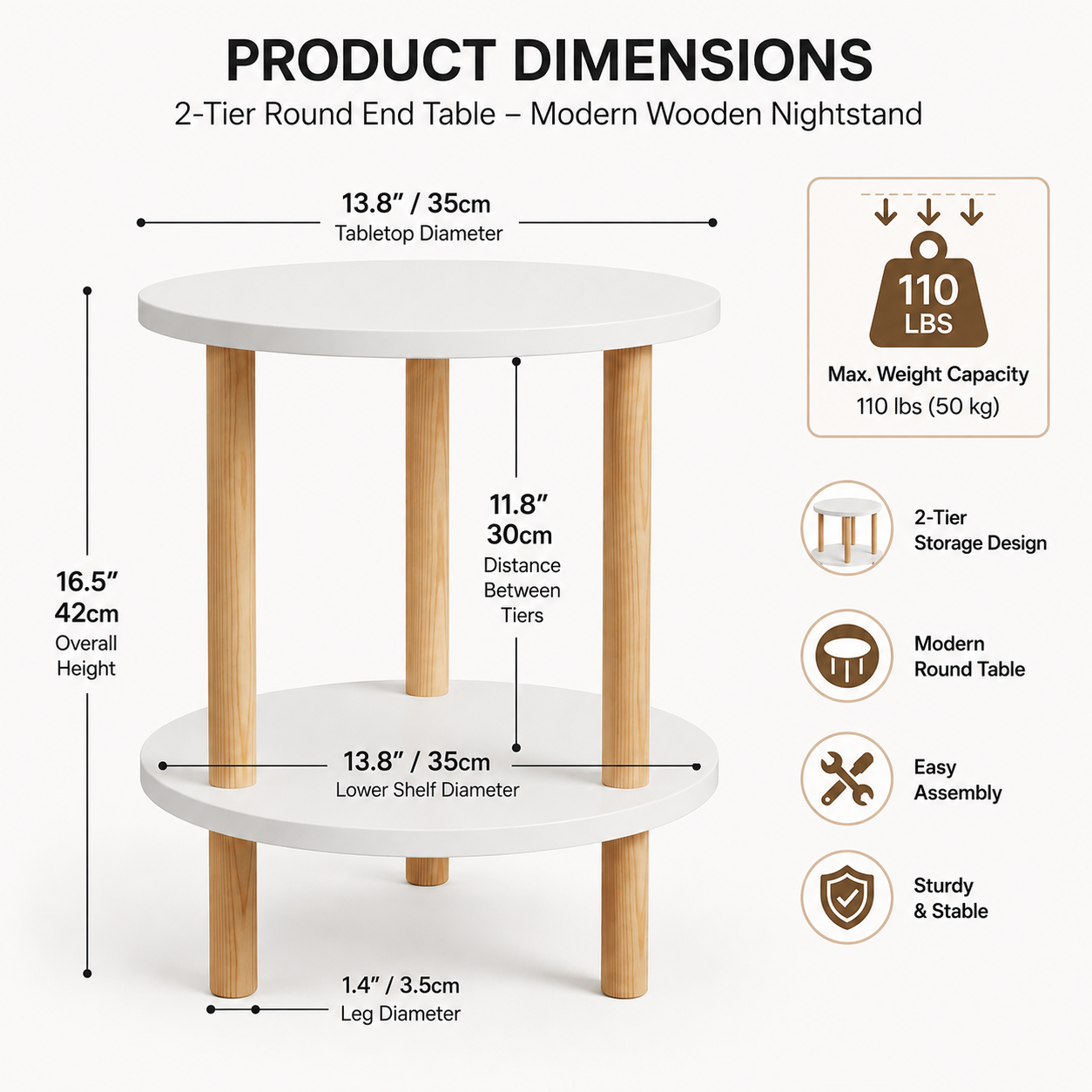 2-Tier Round End Table – Modern Wooden Nightstand for Bedroom – Versatile Sofa Side Table & Decorative Plant Display Shelf for Living Room – Easy Assembly