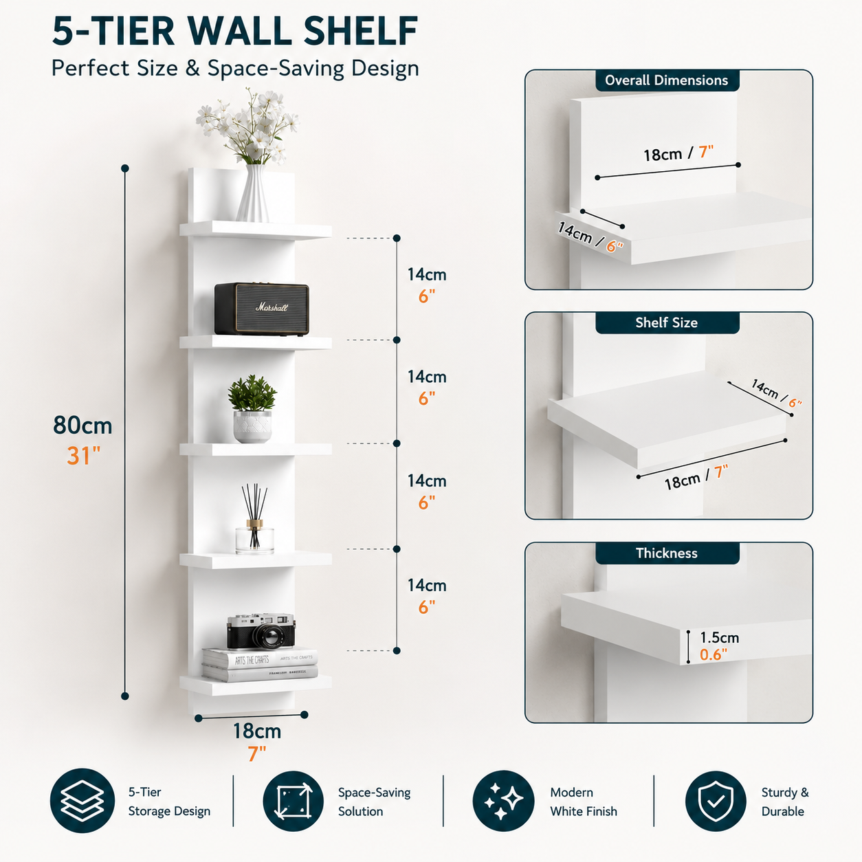 5-Tier Wall Mounted Floating Shelf – MDF Wood Display Rack with Scratch-Resistant Melamine Finish – Vertical Storage Organizer Bookshelf for Living Room, Bedroom & Office, White
