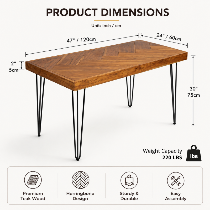 Rustic Herringbone Teak Wood Table – 48 Inch Premium Solid Teak Wood Desk for Home Office – Mid-Century Modern Dining Table & Executive Writing Desk – Natural Finish