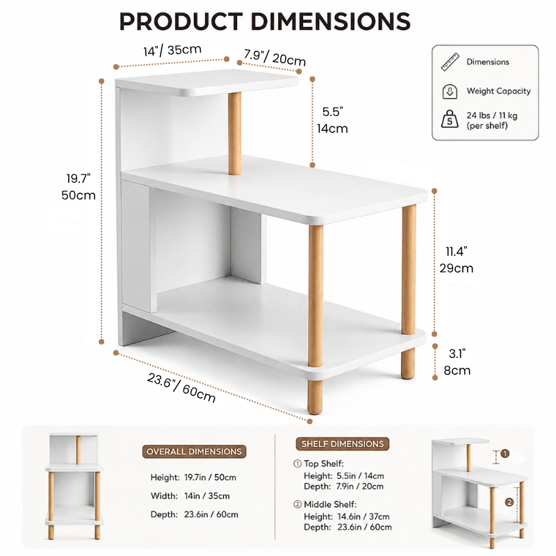 Modern White 3-Tier Nightstand – MDF Bedside Table with Open Storage Shelves – Compact End Side Table for Bedroom, Living Room & Small Spaces – Easy Assembly - Kikbo