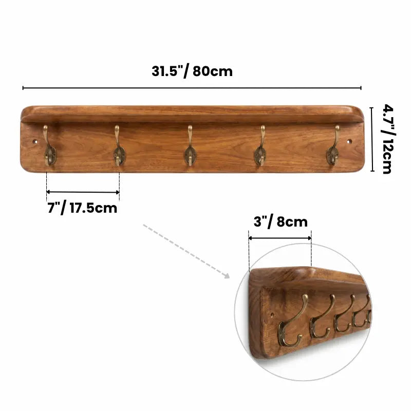 Wall Mounted Coat Rack with Storage Shelf – 31.5 Inch Solid Wood Entryway Organizer – Decorative Hanging Rail with 5 Hooks for Coats, Hats, Keys & Towels – Hallway, Bathroom & Mudroom Kikbo