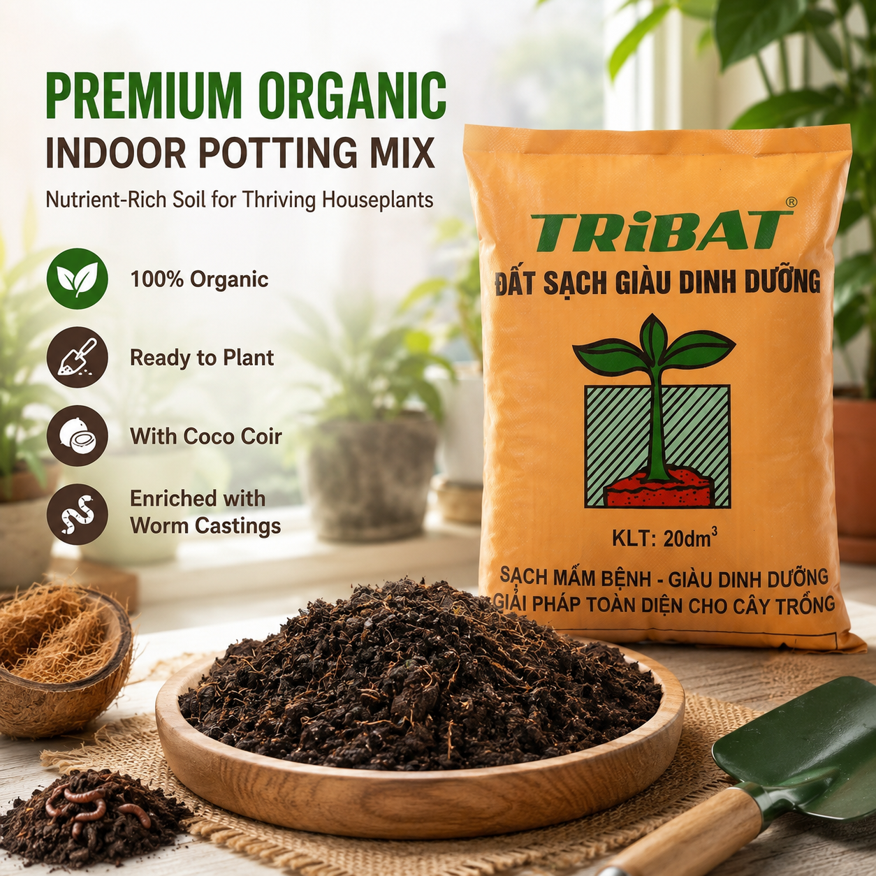 100% Organic Indoor Potting Mix (20 Quarts) – Ready to Plant Nutrient-Rich Soil for Houseplants – Fully Loaded Potting Soil with Coco Coir & Worm Castings, 22lbs bag