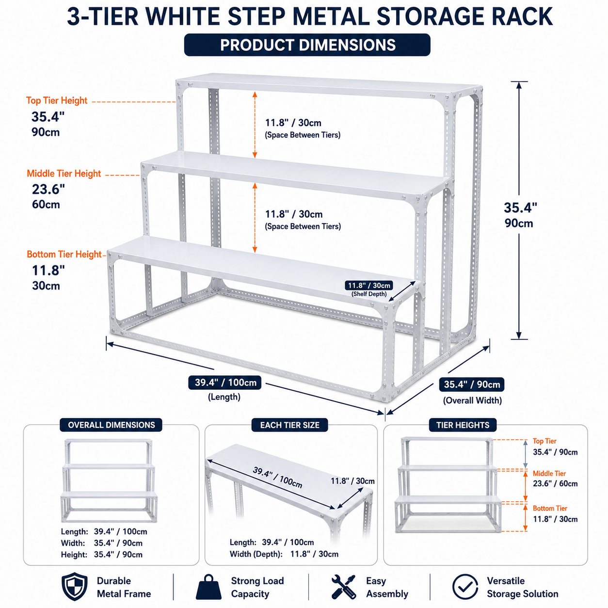 3-Tier White Step Metal Storage Rack - Heavy-Duty Powder-Coated Iron Display Shelf – Versatile Indoor Outdoor Plant Rack & Retail Merchandise Display Stand