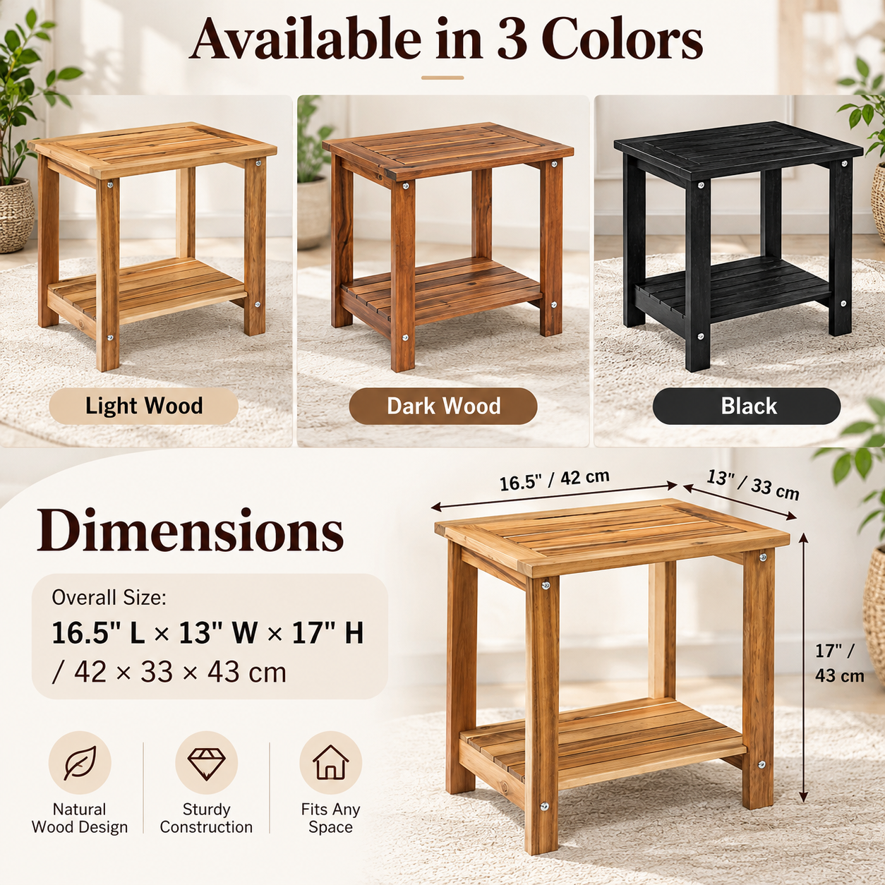 2-Tier Acacia Wood Side Table – Square End Table with Storage Shelf