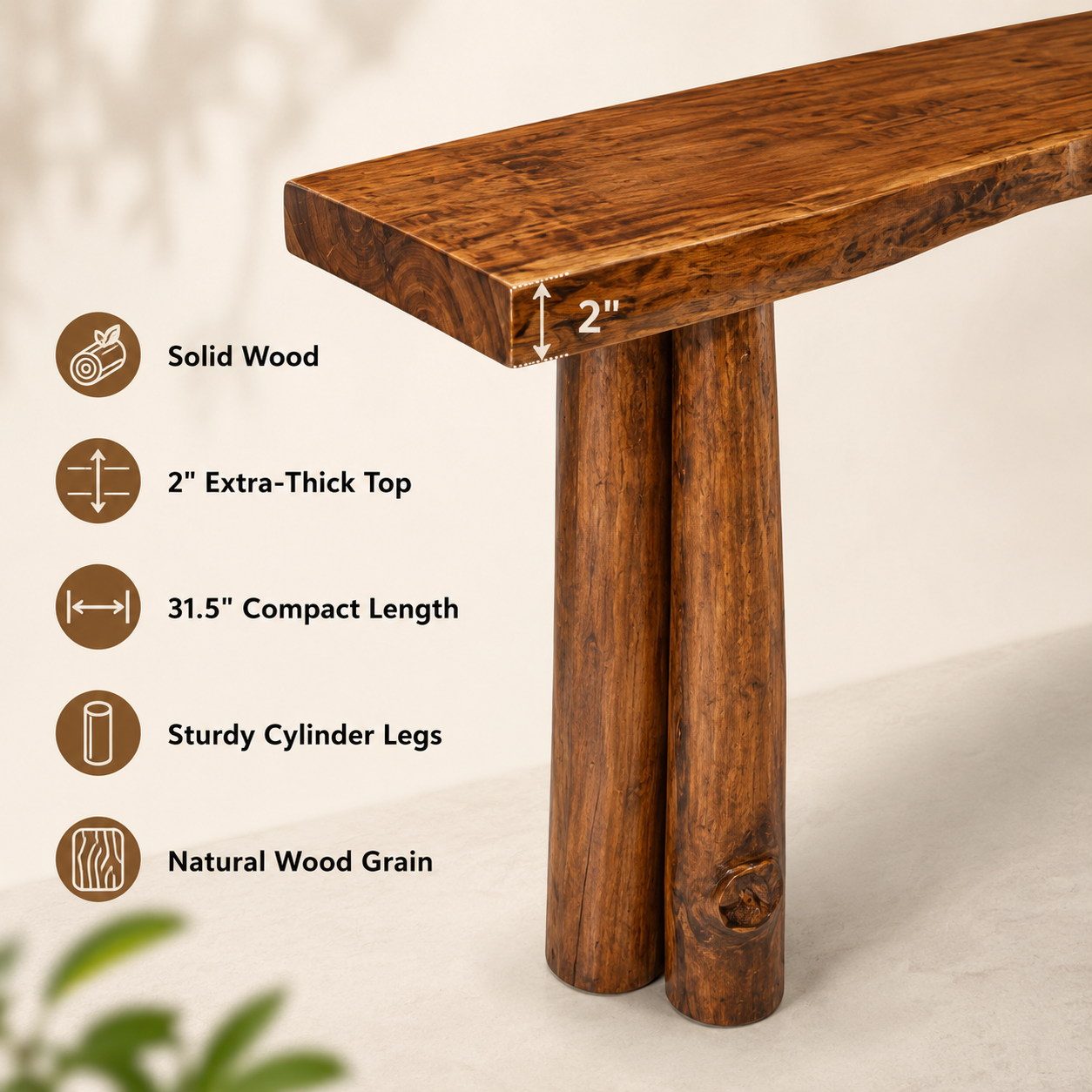 Solid Wood Console Table with Cylinder Legs – 2" Thick Slab Table
