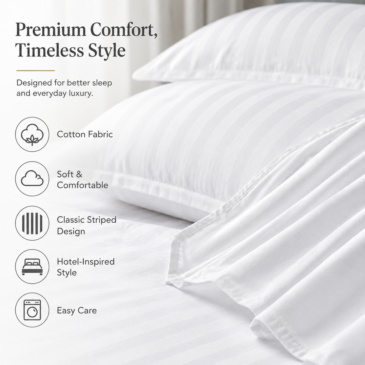 Cotton Bedding Set – 4-Piece Duvet Cover & Sheet Set, Striped White