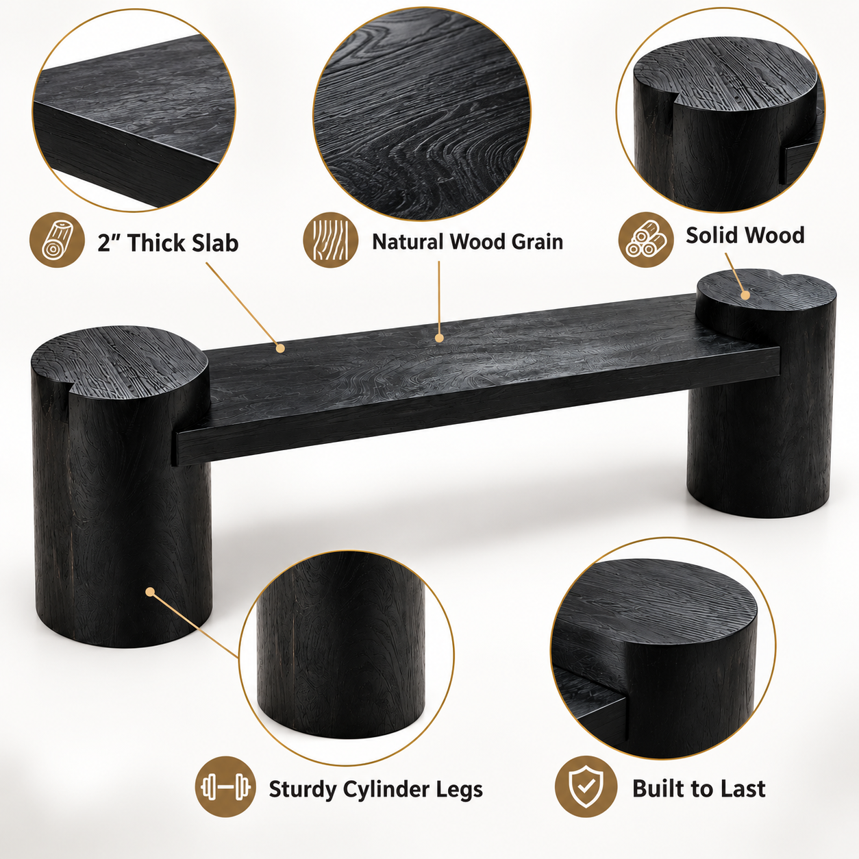 47" Black Solid Wood Bench – 2" Thick Slab Bench with Cylinder Legs