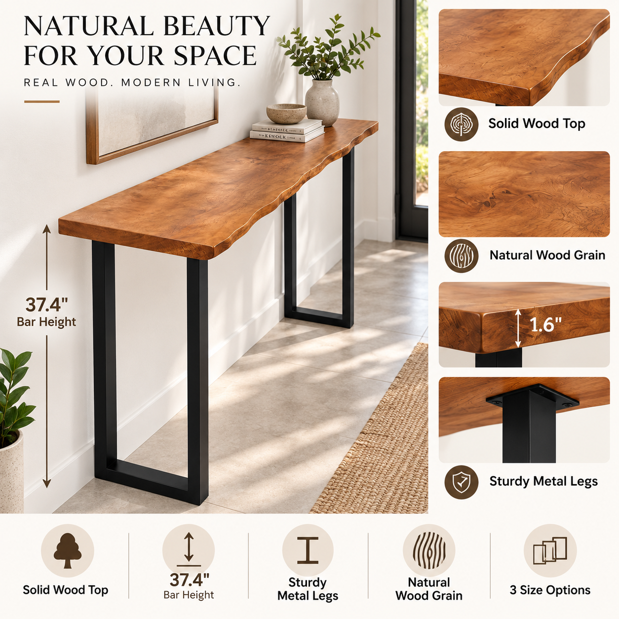 37.4" Tall Solid Wood Console Table – Bar Height Metal Leg Table