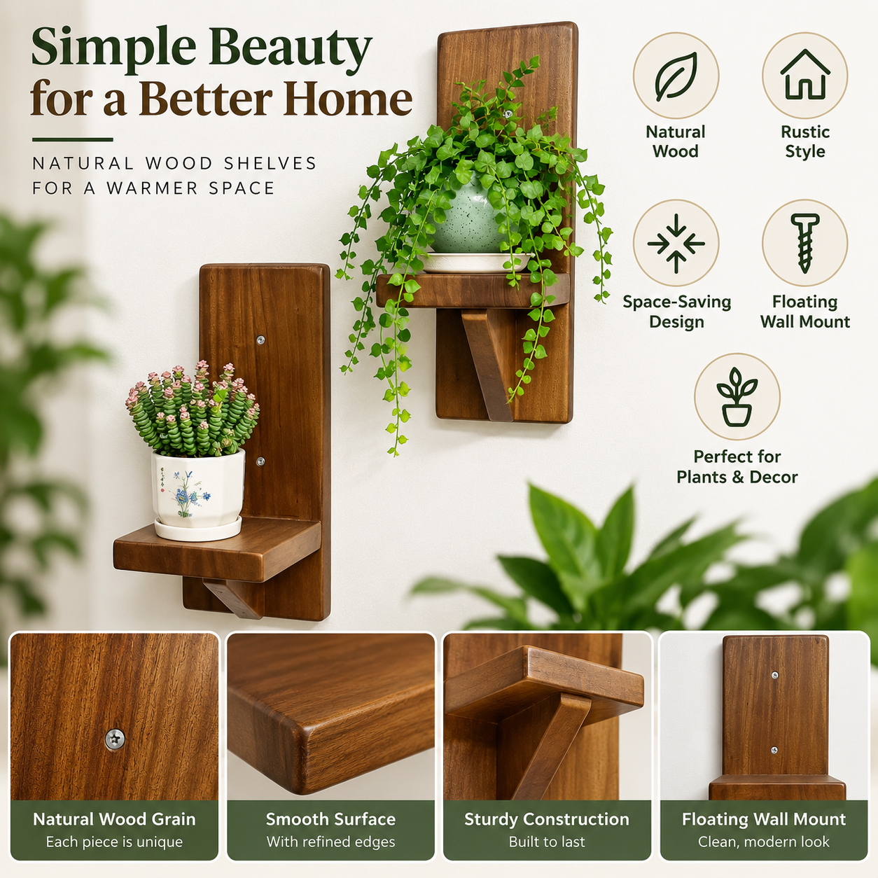 Set of 2 Wood Floating Wall Shelves – Small Rustic Decor Shelves for Plants