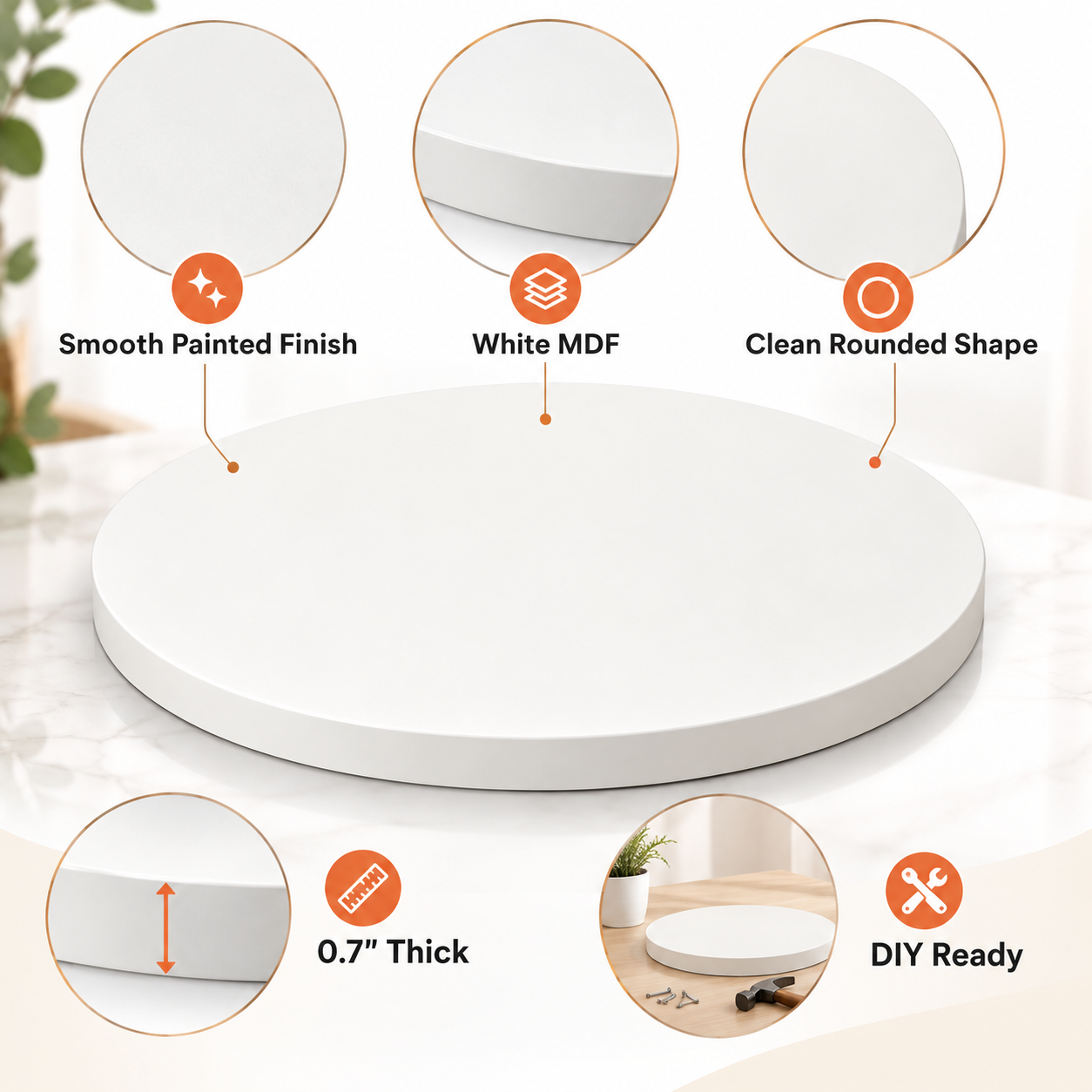 Round White MDF Table Top 0,7"– Smooth Painted DIY Replacement Desk Top