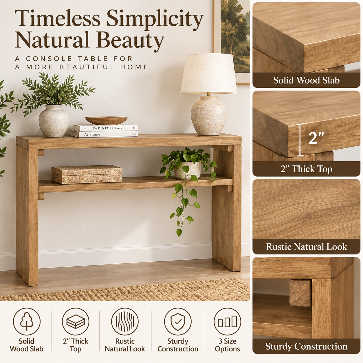 31.5" Tall Rustic Solid Wood Console Table – 2" Thick Slab Entryway Desk