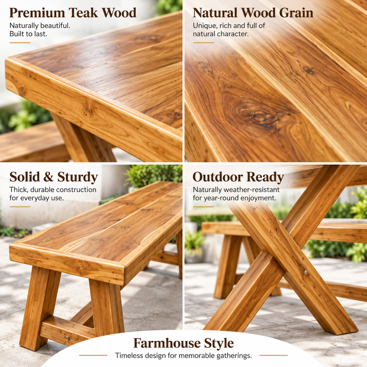 47" Teak Outdoor Dining Set – Rustic Farmhouse Wood Patio Table & Benches