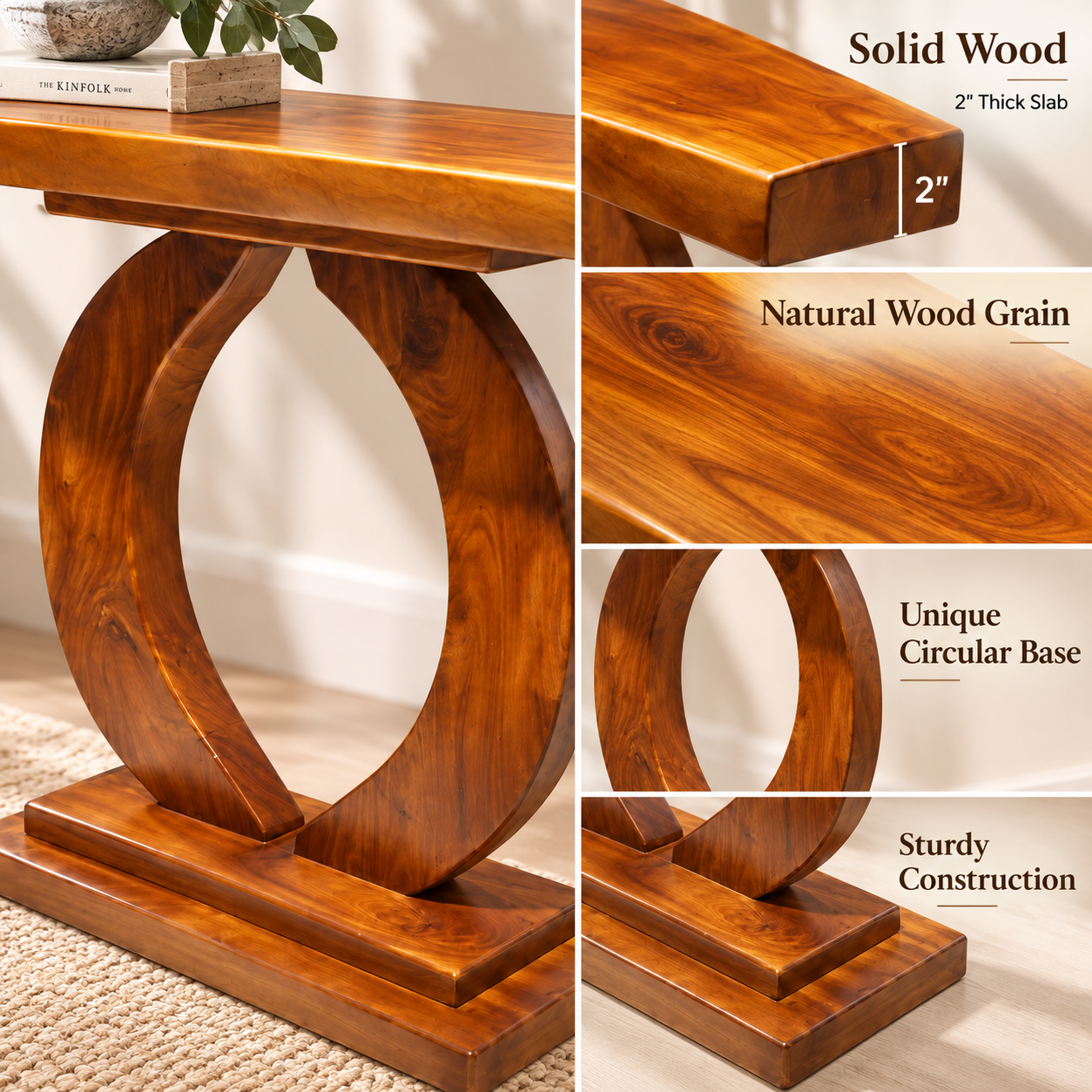 Solid Wood Console Table – 2" Thick Slab Table with Circular Base