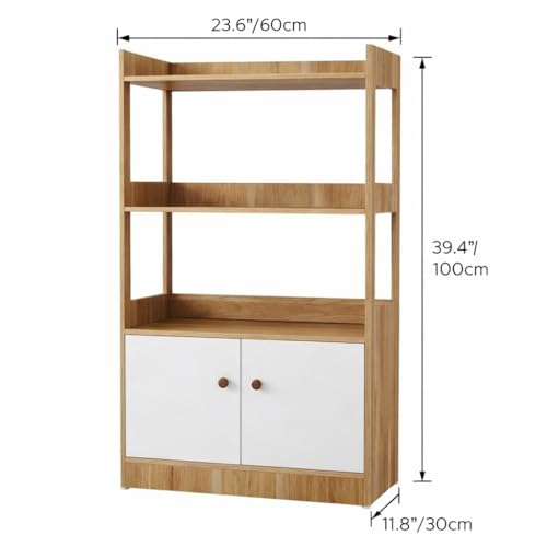 Kitchen Storage Cabinet with Doors and Open Shelves, Microwave Stand with 3-Tier Organizer, Wooden Kitchen Rack for Dining Room, Living Room, Pantry, Natural Wood & White