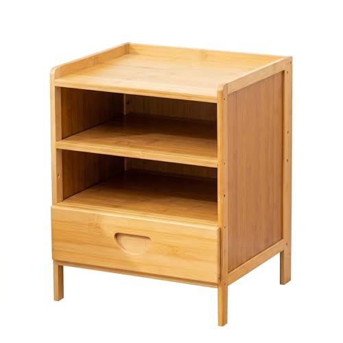 Bedside Table with Drawer and Shelf, Small Nightstand Storage Cabinet for Bedroom, Compact End Table for Small Spaces, Bamboo Look Wood Organizer, Natural Finish