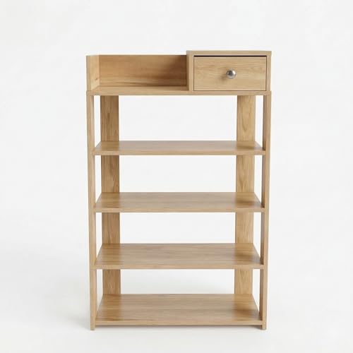5-Tier Wooden Shoe Rack with Drawer, Freestanding Entryway Shoe Storage Organizer, Narrow Shoe Shelf for Closet, Hallway or Living Room, Modern MDF Shoe Cabinet