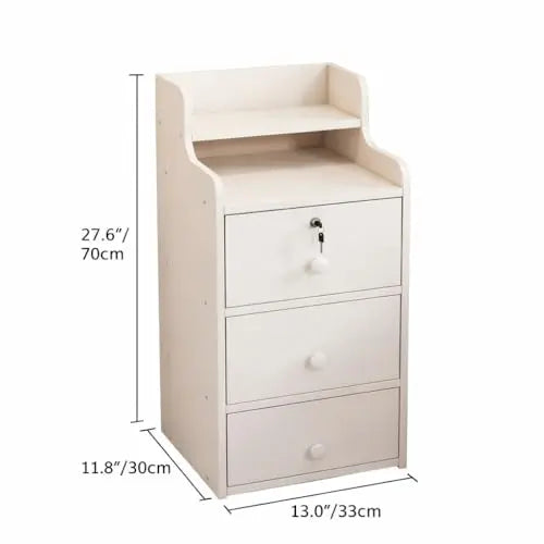 Slim Nightstand for Small Spaces with 3 Drawers, Lockable Bedside Table, Tall Narrow Side Table, White Storage Cabinet for Bedroom