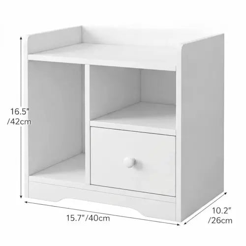 Small Nightstand with Drawer and Shelf, Bedside Table with Open Storage Cubby, Modern End Table for Bedroom, Space Saving Organizer for Small Spaces, White Cabinet
