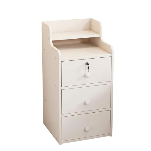 Slim Nightstand for Small Spaces with 3 Drawers, Lockable Bedside Table, Tall Narrow Side Table, White Storage Cabinet for Bedroom