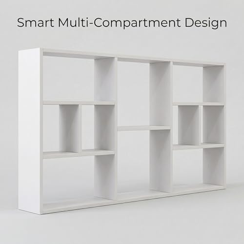 Wall Mounted Storage Shelf, Large Floating Wall Shelf with 10 Cubes, Multi-Compartment Bookcase for Living Room, Bedroom, Kitchen, Display Organizer Rack, White