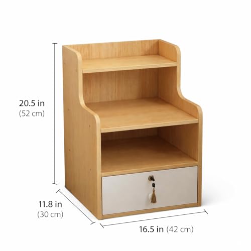 Bedside Storage Cabinet, 3-Tier Nightstand Organizer with Drawer, Multi-Functional Small Shelf Unit for Bedroom, Living Room, Office, Space Saving End Table, 21.7”H, Dark Wood