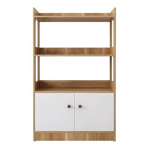 Kitchen Storage Cabinet with Doors and Open Shelves, Microwave Stand with 3-Tier Organizer, Wooden Kitchen Rack for Dining Room, Living Room, Pantry, Natural Wood & White